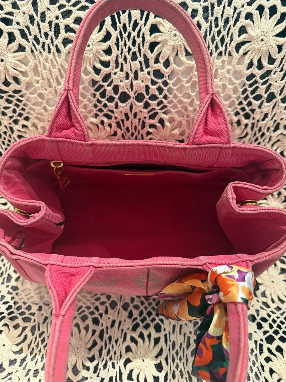 Prada Pink Canapa Canvas Tote with Floral Scarf Accent
